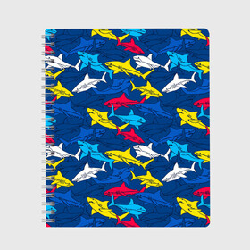 Тетрадь с принтом Акулы в Тюмени, 100% бумага | 48 листов, плотность листов — 60 г/м2, плотность картонной обложки — 250 г/м2. Листы скреплены сбоку удобной пружинной спиралью. Уголки страниц и обложки скругленные. Цвет линий — светло-серый
 | blue | drawin | fashion | fish | illustration | ocean | predator | red | sea | sharks | style | water | yellow | youth | акулы | вода | графика | жёлтый | иллюстрация | картинка | красный | мода | молодежная | море | океан | рисунок | рыба | син
