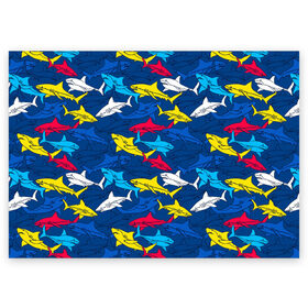 Поздравительная открытка с принтом Акулы в Тюмени, 100% бумага | плотность бумаги 280 г/м2, матовая, на обратной стороне линовка и место для марки
 | blue | drawin | fashion | fish | illustration | ocean | predator | red | sea | sharks | style | water | yellow | youth | акулы | вода | графика | жёлтый | иллюстрация | картинка | красный | мода | молодежная | море | океан | рисунок | рыба | син