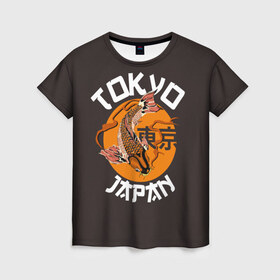 Женская футболка 3D с принтом Токио в Тюмени, 100% полиэфир ( синтетическое хлопкоподобное полотно) | прямой крой, круглый вырез горловины, длина до линии бедер | carp | city | country | fashio | fish | gold | great | hieroglyphs | japan | koi | sun | symbol | tokyo | акварель | большое | город | графика | золотая | иероглифы | иллюстрация | карп | картинка | кои | мода | рисунок | рыбка | символ | солнце