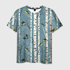 Мужская футболка 3D с принтом Синички на берёзах в Тюмени, 100% полиэфир | прямой крой, круглый вырез горловины, длина до линии бедер | bir | birds | branches | fly | sit | tits | акварель | берёзы | ветки | графика | зима | идёт | иллюстрация | картинка | кузнечик | летят | мода | молодежная | мороз | новый год | птицы | рисунок | рождество | сидят | синий