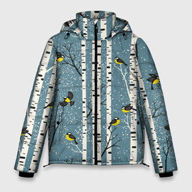 Мужская зимняя куртка 3D с принтом Синички на берёзах в Тюмени, верх — 100% полиэстер; подкладка — 100% полиэстер; утеплитель — 100% полиэстер | длина ниже бедра, свободный силуэт Оверсайз. Есть воротник-стойка, отстегивающийся капюшон и ветрозащитная планка. 

Боковые карманы с листочкой на кнопках и внутренний карман на молнии. | bir | birds | branches | fly | sit | tits | акварель | берёзы | ветки | графика | зима | идёт | иллюстрация | картинка | кузнечик | летят | мода | молодежная | мороз | новый год | птицы | рисунок | рождество | сидят | синий