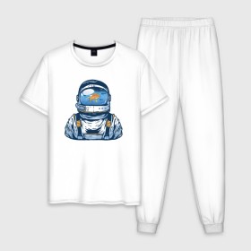 Мужская пижама хлопок с принтом Космонавт с Рыбкой в Тюмени, 100% хлопок | брюки и футболка прямого кроя, без карманов, на брюках мягкая резинка на поясе и по низу штанин
 | астронавт | космонавт | космос | рыба | рыбалка | рыбы | шлем