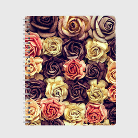 Тетрадь с принтом Шоколадные розы в Тюмени, 100% бумага | 48 листов, плотность листов — 60 г/м2, плотность картонной обложки — 250 г/м2. Листы скреплены сбоку удобной пружинной спиралью. Уголки страниц и обложки скругленные. Цвет линий — светло-серый
 | бабушке | девочке | девушке | дочке | желтые цветы | женщине | маме | подруге | природа | розовые цветы | розы | сестре | теще | тюльпаны | цветы
