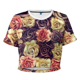 Женская футболка 3D укороченная с принтом Шоколадные розы в Тюмени, 100% полиэстер | круглая горловина, длина футболки до линии талии, рукава с отворотами | бабушке | девочке | девушке | дочке | желтые цветы | женщине | маме | подруге | природа | розовые цветы | розы | сестре | теще | тюльпаны | цветы