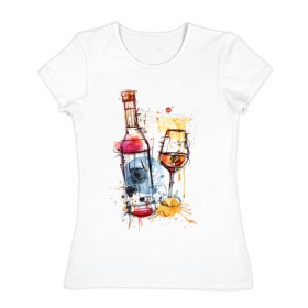 Женская футболка хлопок с принтом Винишко арт в Тюмени, 100% хлопок | прямой крой, круглый вырез горловины, длина до линии бедер, слегка спущенное плечо | акварель | бокал | бутылка | вино | винцо | грусть | краски | одна