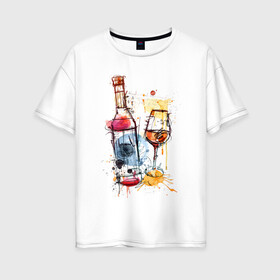 Женская футболка хлопок Oversize с принтом Винишко арт в Тюмени, 100% хлопок | свободный крой, круглый ворот, спущенный рукав, длина до линии бедер
 | акварель | бокал | бутылка | вино | винцо | грусть | краски | одна