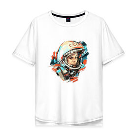 Мужская футболка хлопок Oversize с принтом Гагарин в Тюмени, 100% хлопок | свободный крой, круглый ворот, “спинка” длиннее передней части | 12 апреля | астронавт | вселенная | день космонавтики | звезды | космонавт | космос | луна | планета | поехали | полет | ссср | юрий