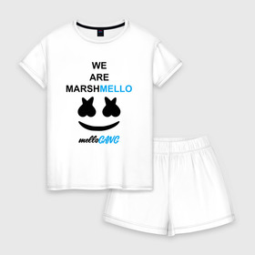 Женская пижама с шортиками хлопок с принтом Marshmello (MELLOGANG) в Тюмени, 100% хлопок | футболка прямого кроя, шорты свободные с широкой мягкой резинкой | christopher comstock | dj | marshmello | mellogang | music | диджей | клубная музыка | клубняк | крис комсток | логотип | маршмеллоу | музыка