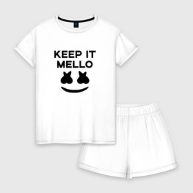 Женская пижама с шортиками хлопок с принтом KEEP IT MELLO (Marshmello) в Тюмени, 100% хлопок | футболка прямого кроя, шорты свободные с широкой мягкой резинкой | christopher comstock | dj | keep it mello | marshmello | mello | music | диджей | клубная музыка | клубняк | крис комсток | логотип | маршмеллоу | музыка