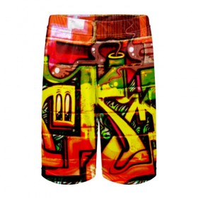 Детские спортивные шорты 3D с принтом Граффити в Тюмени,  100% полиэстер
 | пояс оформлен широкой мягкой резинкой, ткань тянется
 | grafity | paint | street art | urban | город | граффити | искусство | кирпичи | краски | рисунки | стена | улицы | уличное искусство