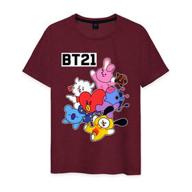 Мужская футболка хлопок с принтом BT21 Mascots в Тюмени, 100% хлопок | прямой крой, круглый вырез горловины, длина до линии бедер, слегка спущенное плечо. | bangtan boys | bt21mascots | bts | chimmy | cooky | koya | mang | rj | shooky | tata | van