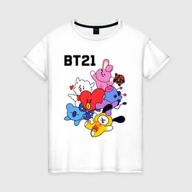 Женская футболка хлопок с принтом BT21 Mascots в Тюмени, 100% хлопок | прямой крой, круглый вырез горловины, длина до линии бедер, слегка спущенное плечо | bangtan boys | bt21mascots | bts | chimmy | cooky | koya | mang | rj | shooky | tata | van