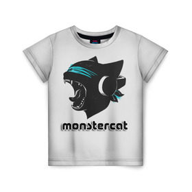 Детская футболка 3D с принтом Monstercat в Тюмени, 100% гипоаллергенный полиэфир | прямой крой, круглый вырез горловины, длина до линии бедер, чуть спущенное плечо, ткань немного тянется | Тематика изображения на принте: monstercat | клуб | клубная музыка | кот | котенок | кошка | лейбл | монстар | монстар кет | монстер | музыка | танцевальная музыка | электронная | электронная музыка