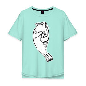 Мужская футболка хлопок Oversize с принтом Нерпа Нина с Байкалом в Тюмени, 100% хлопок | свободный крой, круглый ворот, “спинка” длиннее передней части | baikal | irkutsk | байкал | иркутск | нерпа