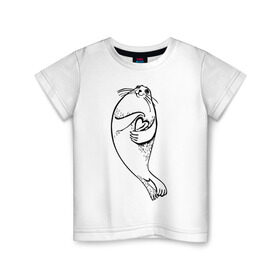 Детская футболка хлопок с принтом Нерпа Нина с Байкалом в Тюмени, 100% хлопок | круглый вырез горловины, полуприлегающий силуэт, длина до линии бедер | baikal | irkutsk | байкал | иркутск | нерпа