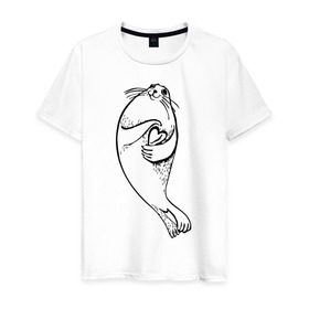 Мужская футболка хлопок с принтом Нерпа Нина с Байкалом в Тюмени, 100% хлопок | прямой крой, круглый вырез горловины, длина до линии бедер, слегка спущенное плечо. | baikal | irkutsk | байкал | иркутск | нерпа