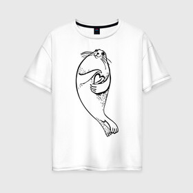 Женская футболка хлопок Oversize с принтом Нерпа Нина с Байкалом в Тюмени, 100% хлопок | свободный крой, круглый ворот, спущенный рукав, длина до линии бедер
 | Тематика изображения на принте: baikal | irkutsk | байкал | иркутск | нерпа