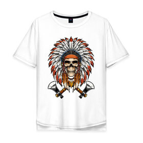 Мужская футболка хлопок Oversize с принтом Индейский череп с топорами в Тюмени, 100% хлопок | свободный крой, круглый ворот, “спинка” длиннее передней части | индейцы | куп | орёл | перья | роуч | скелет | томагавк | топор