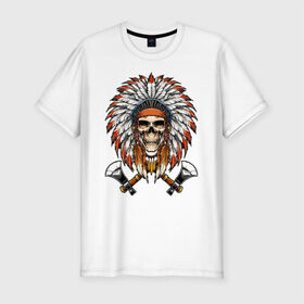 Мужская футболка премиум с принтом Индейский череп с топорами в Тюмени, 92% хлопок, 8% лайкра | приталенный силуэт, круглый вырез ворота, длина до линии бедра, короткий рукав | индейцы | куп | орёл | перья | роуч | скелет | томагавк | топор
