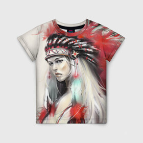 Детская футболка 3D с принтом Индейская девушка в Тюмени, 100% гипоаллергенный полиэфир | прямой крой, круглый вырез горловины, длина до линии бедер, чуть спущенное плечо, ткань немного тянется | Тематика изображения на принте: африка | индейцы | куп | перо | перья | этно