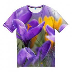 Мужская футболка 3D с принтом Фиолетовые цветы в Тюмени, 100% полиэфир | прямой крой, круглый вырез горловины, длина до линии бедер | бабушке | девочке | девушке | дочке | желтые цветы | женщине | маме | подруге | природа | розовые цветы | розы | сестре | теще | тюльпаны | цветы