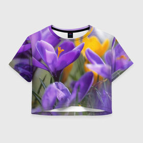 Женская футболка 3D укороченная с принтом Фиолетовые цветы в Тюмени, 100% полиэстер | круглая горловина, длина футболки до линии талии, рукава с отворотами | бабушке | девочке | девушке | дочке | желтые цветы | женщине | маме | подруге | природа | розовые цветы | розы | сестре | теще | тюльпаны | цветы