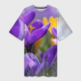 Платье-футболка 3D с принтом Фиолетовые цветы в Тюмени,  |  | бабушке | девочке | девушке | дочке | желтые цветы | женщине | маме | подруге | природа | розовые цветы | розы | сестре | теще | тюльпаны | цветы