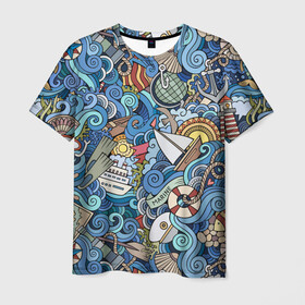 Мужская футболка 3D с принтом Морской коллаж в Тюмени, 100% полиэфир | прямой крой, круглый вырез горловины, длина до линии бедер | mari | весло | волны | галька | графика | детский | иллюстрация | канат | карта | картинка | коллаж | компас | корабль | маяк | мода | море | морской | облако | океан | птица | рисунок | рыбы | солнце | стиль