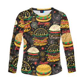 Женский лонгслив 3D с принтом Гамбургеры в Тюмени, 100% полиэстер | длинные рукава, круглый вырез горловины, полуприлегающий силуэт | hamburgers | sandwic | булочка | бутерброды | быстрая | гамбургер | гамбургеры | геометрический | графика | еда | зелень | иллюстрация | картинка | кунжут | мода | мясо | надпись | орнамент | рисунок | свежий