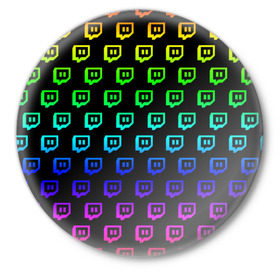 Значок с принтом Twitch в Тюмени,  металл | круглая форма, металлическая застежка в виде булавки | game | gamer | logo | twitch | twitties | градиент | игры | логотип | стрим | твитч | текстура