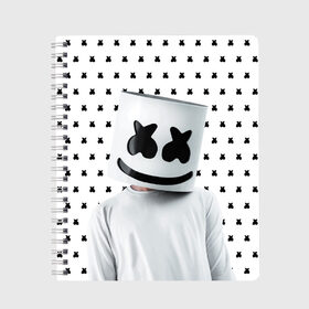 Тетрадь с принтом MARSHMELLO White в Тюмени, 100% бумага | 48 листов, плотность листов — 60 г/м2, плотность картонной обложки — 250 г/м2. Листы скреплены сбоку удобной пружинной спиралью. Уголки страниц и обложки скругленные. Цвет линий — светло-серый
 | Тематика изображения на принте: marsh | marshmallow | marshmello | marshmelo | mello | music | smile | диджей | лого | маршмеллов | маршмеллоу | маршмеллу | маршмело | маршмелов | маршмелоу | музыка | музыкант | рожица | трэп | улыбка | хаус