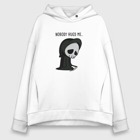 Женское худи Oversize хлопок с принтом Nobody Hugs Me в Тюмени, френч-терри — 70% хлопок, 30% полиэстер. Мягкий теплый начес внутри —100% хлопок | боковые карманы, эластичные манжеты и нижняя кромка, капюшон на магнитной кнопке | грусть | коса | милый | мимими | обнимашки | объятие | печаль | скелет | уныние | череп