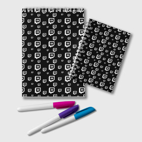 Блокнот с принтом Twitch в Тюмени, 100% бумага | 48 листов, плотность листов — 60 г/м2, плотность картонной обложки — 250 г/м2. Листы скреплены удобной пружинной спиралью. Цвет линий — светло-серый
 | Тематика изображения на принте: black and white | game | gamer | logo | pattern | twitch | twitties | игры | логотип | паттерн | стрим | твитч | текстура | черно белый