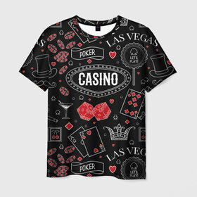 Мужская футболка 3D с принтом Казино в Тюмени, 100% полиэфир | прямой крой, круглый вырез горловины, длина до линии бедер | casi | азарт | америка | белый | город | графика | давай | игра | играть | игрок | иллюстрация | искусство | казино | картинка | карты | корона | красный | кубики | лас вегас | масти | мода | орнамент | покер