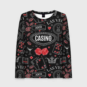 Женский лонгслив 3D с принтом Казино в Тюмени, 100% полиэстер | длинные рукава, круглый вырез горловины, полуприлегающий силуэт | casi | азарт | америка | белый | город | графика | давай | игра | играть | игрок | иллюстрация | искусство | казино | картинка | карты | корона | красный | кубики | лас вегас | масти | мода | орнамент | покер