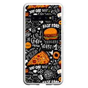 Чехол для Samsung Galaxy S10 с принтом Fast food в Тюмени, Силикон | Область печати: задняя сторона чехла, без боковых панелей | fast | food | hambu | булочка | бутерброды | быстрое | гамбургеры | графика | еда | зелень | иллюстрация | картинка | кунжут | мода | мясо | надпись | орнамент | питание | пицца | пончики | рисунок | свежий