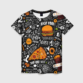 Женская футболка 3D с принтом Fast food в Тюмени, 100% полиэфир ( синтетическое хлопкоподобное полотно) | прямой крой, круглый вырез горловины, длина до линии бедер | fast | food | hambu | булочка | бутерброды | быстрое | гамбургеры | графика | еда | зелень | иллюстрация | картинка | кунжут | мода | мясо | надпись | орнамент | питание | пицца | пончики | рисунок | свежий