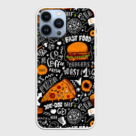 Чехол для iPhone 13 Pro Max с принтом Fast food в Тюмени,  |  | fast | food | hambu | булочка | бутерброды | быстрое | гамбургеры | графика | еда | зелень | иллюстрация | картинка | кунжут | мода | мясо | надпись | орнамент | питание | пицца | пончики | рисунок | свежий