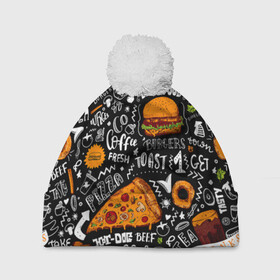 Шапка 3D c помпоном с принтом Fast food в Тюмени, 100% полиэстер | универсальный размер, печать по всей поверхности изделия | fast | food | hambu | булочка | бутерброды | быстрое | гамбургеры | графика | еда | зелень | иллюстрация | картинка | кунжут | мода | мясо | надпись | орнамент | питание | пицца | пончики | рисунок | свежий