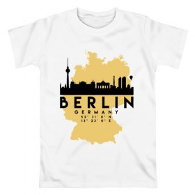 Мужская футболка хлопок с принтом Берлин - Германия в Тюмени, 100% хлопок | прямой крой, круглый вырез горловины, длина до линии бедер, слегка спущенное плечо. | adventure | berlin | city | germany | travel | world | берлин | германия | город | государство | европа | жизнь | карта | культура | люди | мир | народ | немец | партиот | планета | приключение | путешествие | спорт | ссср