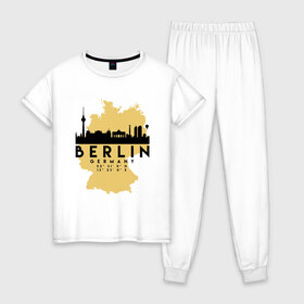 Женская пижама хлопок с принтом Берлин - Германия в Тюмени, 100% хлопок | брюки и футболка прямого кроя, без карманов, на брюках мягкая резинка на поясе и по низу штанин | adventure | berlin | city | germany | travel | world | берлин | германия | город | государство | европа | жизнь | карта | культура | люди | мир | народ | немец | партиот | планета | приключение | путешествие | спорт | ссср