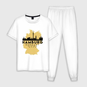 Мужская пижама хлопок с принтом Гамбург - Германия в Тюмени, 100% хлопок | брюки и футболка прямого кроя, без карманов, на брюках мягкая резинка на поясе и по низу штанин
 | adventure | city | germany | travel | world | берлин | гамбург | германия | город | государство | европа | жизнь | карта | культура | люди | мир | народ | партиот | планета | приключение | путешествие | спорт | ссср | столи