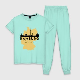 Женская пижама хлопок с принтом Гамбург - Германия в Тюмени, 100% хлопок | брюки и футболка прямого кроя, без карманов, на брюках мягкая резинка на поясе и по низу штанин | adventure | city | germany | travel | world | берлин | гамбург | германия | город | государство | европа | жизнь | карта | культура | люди | мир | народ | партиот | планета | приключение | путешествие | спорт | ссср | столи