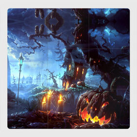 Магнитный плакат 3Х3 с принтом Хэллоуин в Тюмени, Полимерный материал с магнитным слоем | 9 деталей размером 9*9 см | candles | d | fear | forest | halloween | horror | hut | night | pumpkin | ворота | глаза | железные | забор | изба | иллюстрация | картинка | красные | лес | мода | молния | ночь | облака | праздник | рисунок | свечи | серый | совы