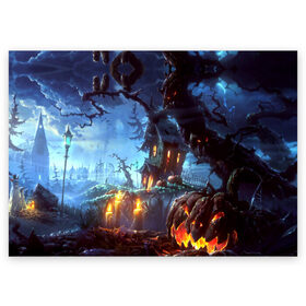 Поздравительная открытка с принтом Хэллоуин в Тюмени, 100% бумага | плотность бумаги 280 г/м2, матовая, на обратной стороне линовка и место для марки
 | candles | d | fear | forest | halloween | horror | hut | night | pumpkin | ворота | глаза | железные | забор | изба | иллюстрация | картинка | красные | лес | мода | молния | ночь | облака | праздник | рисунок | свечи | серый | совы
