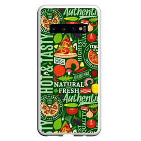 Чехол для Samsung Galaxy S10 с принтом Итальянская пицца в Тюмени, Силикон | Область печати: задняя сторона чехла, без боковых панелей | бекон | вкусная | волны | грибы | доля | еда | зелень | ингредиенты | искусство | италия | итальянская | ковёр | колбаса | кори | креветки | курица | лук | мясо | натуральная | оливки | орнамент | перец
