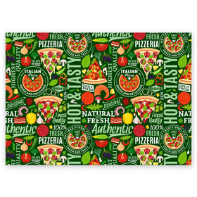 Поздравительная открытка с принтом Итальянская пицца в Тюмени, 100% бумага | плотность бумаги 280 г/м2, матовая, на обратной стороне линовка и место для марки
 | Тематика изображения на принте: бекон | вкусная | волны | грибы | доля | еда | зелень | ингредиенты | искусство | италия | итальянская | ковёр | колбаса | кори | креветки | курица | лук | мясо | натуральная | оливки | орнамент | перец