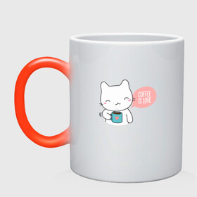 Кружка хамелеон с принтом Coffee Is Love в Тюмени, керамика | меняет цвет при нагревании, емкость 330 мл | cat | kawaii | аниме | киса | кот | котейка | котенок | котик | котэ | котя | кофе | кофеман | кошка | кружка | лапочка | любовь | мимими | сердечко | счастье | утро | чай