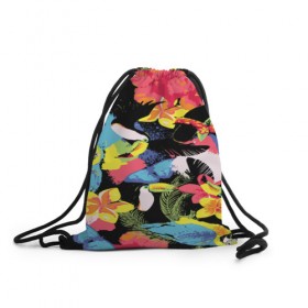 Рюкзак-мешок 3D с принтом ЦВЕТНАЯ ФУТБОЛКА в Тюмени, 100% полиэстер | плотность ткани — 200 г/м2, размер — 35 х 45 см; лямки — толстые шнурки, застежка на шнуровке, без карманов и подкладки | попугай | цветная | цветы