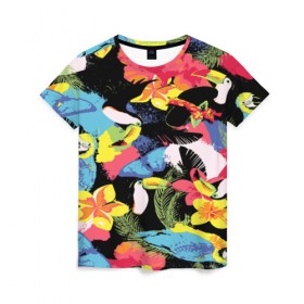 Женская футболка 3D с принтом ЦВЕТНАЯ ФУТБОЛКА в Тюмени, 100% полиэфир ( синтетическое хлопкоподобное полотно) | прямой крой, круглый вырез горловины, длина до линии бедер | попугай | цветная | цветы
